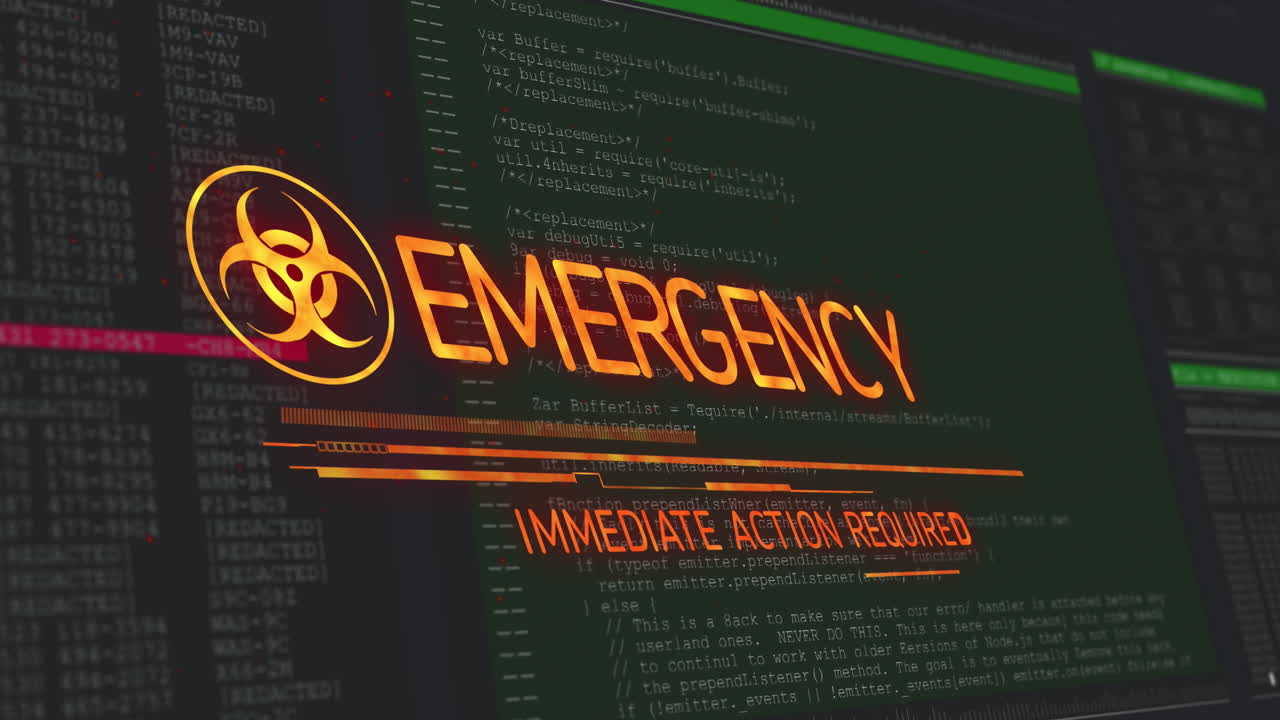 Animation of emergency text and symbol over data processing