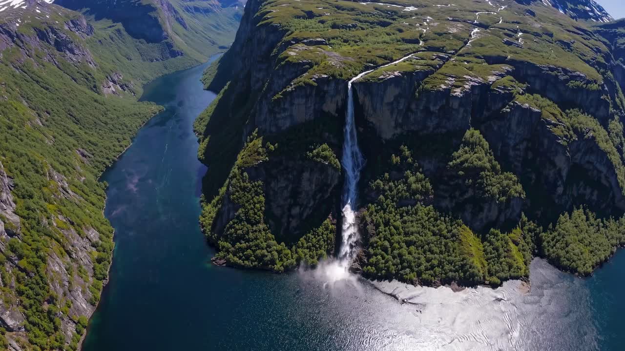 Letecké video zachycuje majestátní vodopád řítící se z bujné hory do klidného fjordu.