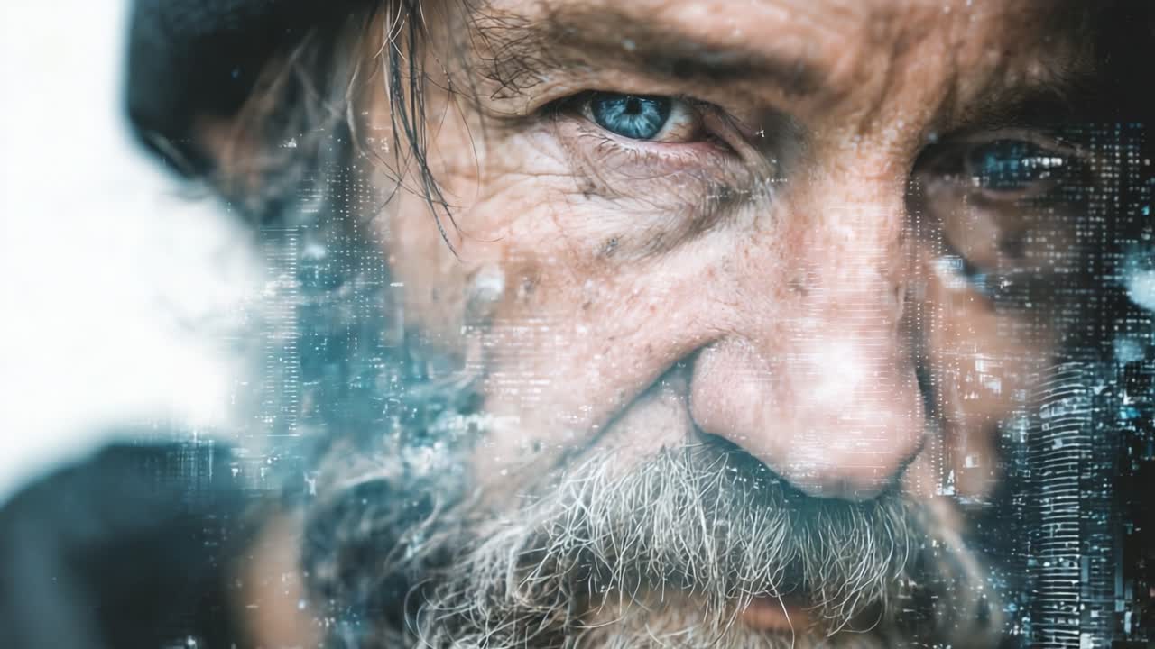Un potente ritratto di resilienza: Catturare la profonda espressione e le storie di vita impresse sul volto di un individuo segnato dal tempo attraverso una visualizzazione artistica
