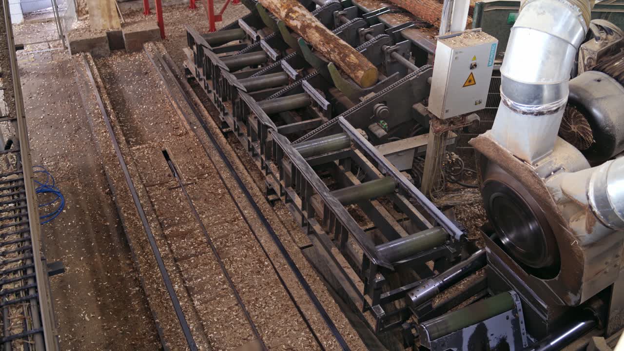 Assembly line in production. Production and processing of wooden boards at industrial factory