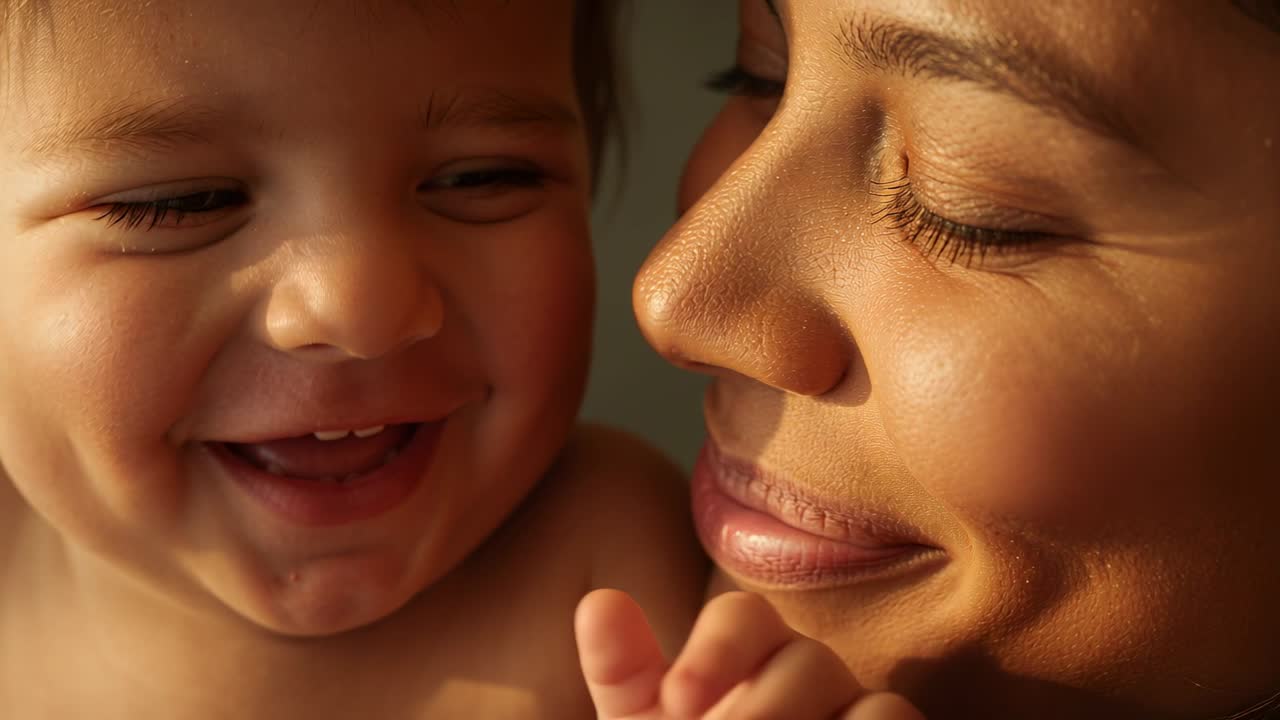 Mãe inclinada fazendo carinho na criança pequena em casa, a criança rindo e estendendo a mão, com a luz do sol nos dentes de leite e os ombros descobertos.