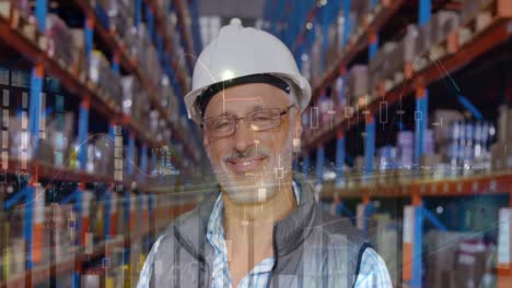 animación del procesamiento de datos sobre un trabajador masculino caucásico en un almacén