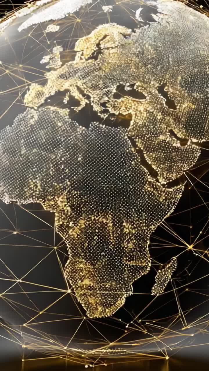 Stunning Visualization of a Golden-Connected World Map with Intricate Network Lines Highlighting Africa and its Surroundings