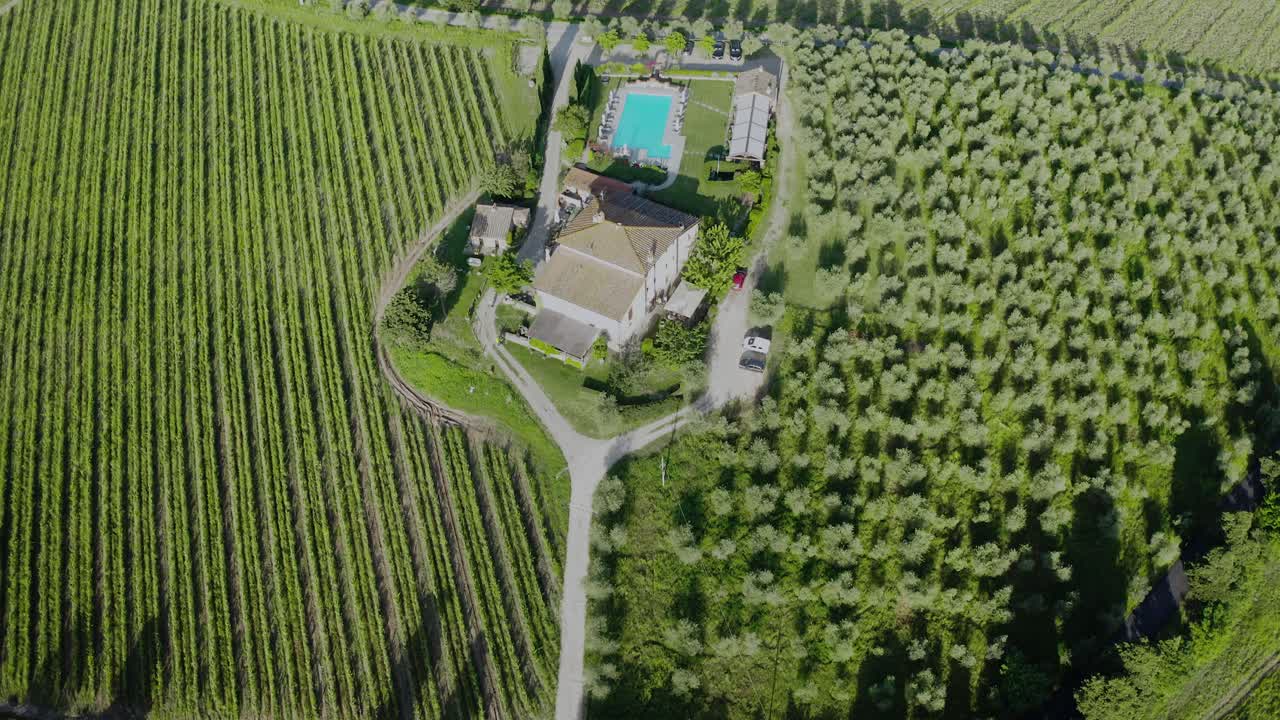 Top Aerial View Of A Tuscan Villa In Italy With Vineyards And Olive Trees