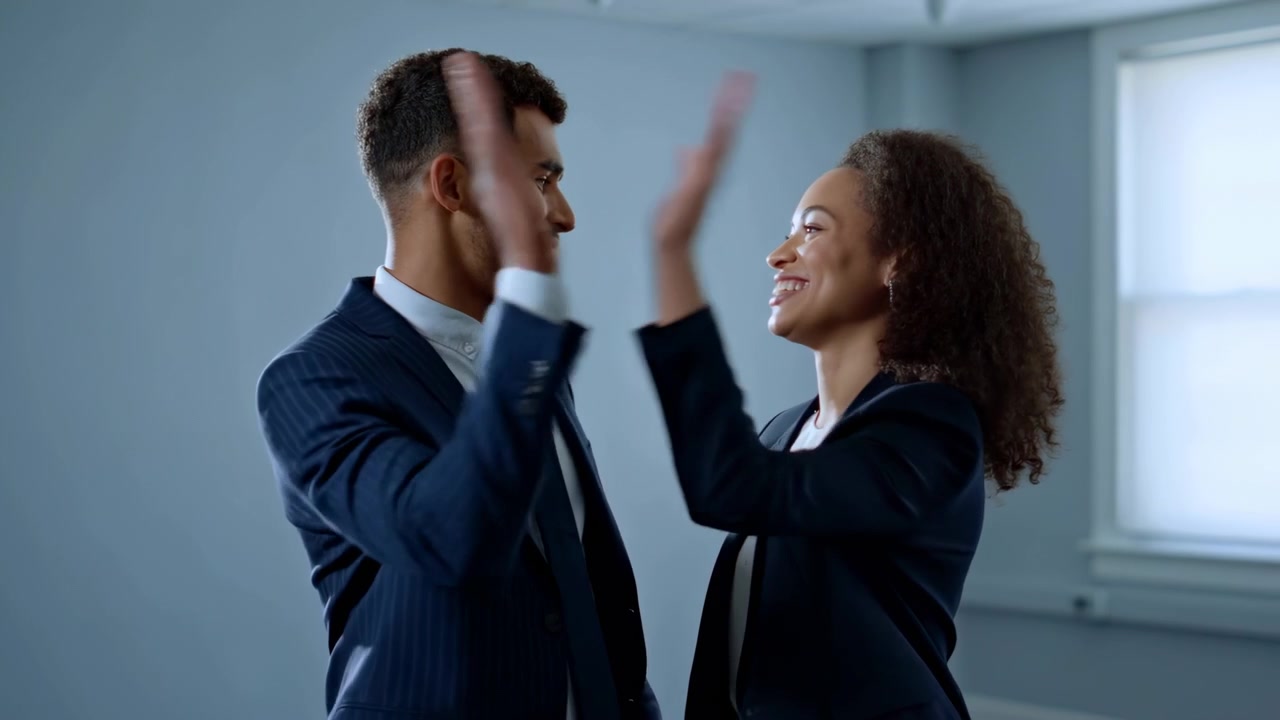 Two young professionals stand side by side in light gray blue office, turning toward each other and raising open hands in brief celebratory gesture while smiling broadly and sharing success