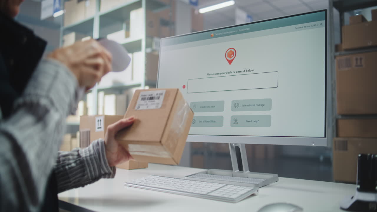 패키지를 추적하고 관리하기 위해 컴퓨터를 사용하는 창고 직원