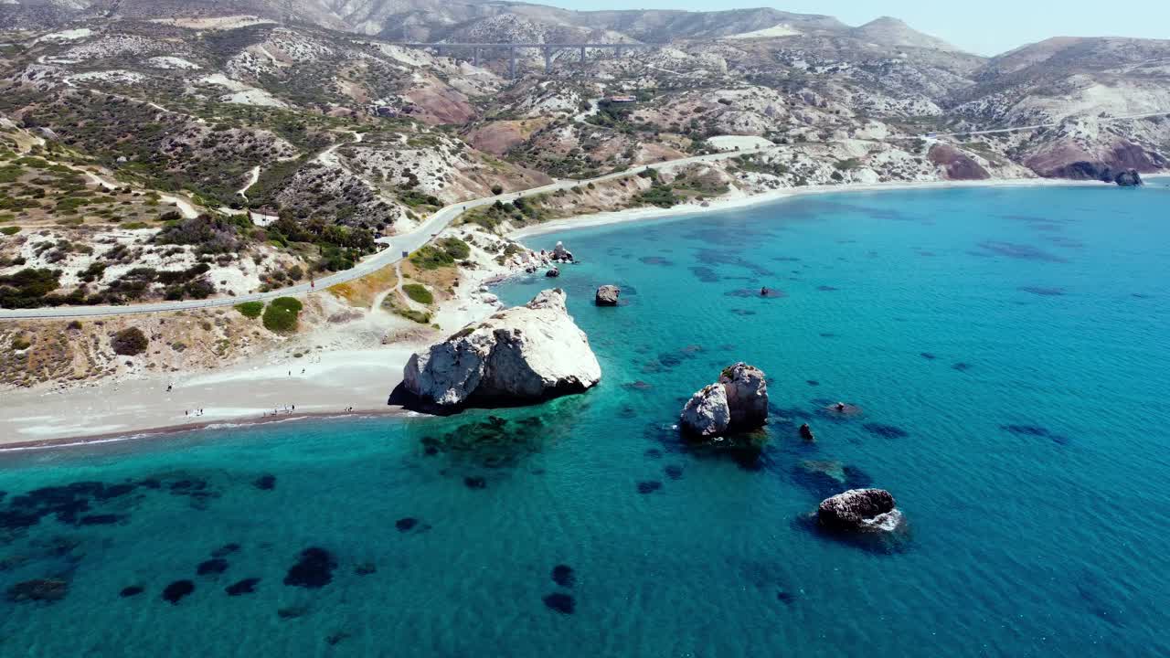 Aerial view of famous Aphrodite's Rock sea stack on Paphos coastline, Cyprus