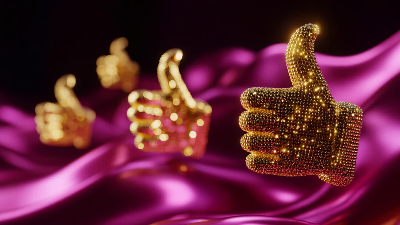 A Stunning Display of Glittering Golden Thumbs Up on Vibrant Pink Fabric, Showcasing Sparkling Motifs that Represent Positivity, Approval, and Joy Captured in a Beautifully Crafted Visual Experience