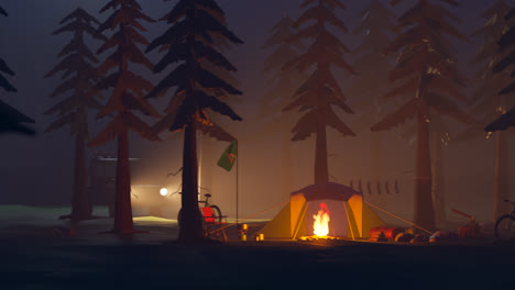 Family-Adventure-Camping-Night-Scene.-Tent,-Campfire,-bike,-Pickup-Truck-in-the-pine-forest.-Stylized-cartoon-Animation.-Summer-campsite-with-glowing-bonfire-in-the-woods-during-foggy-night.-4k