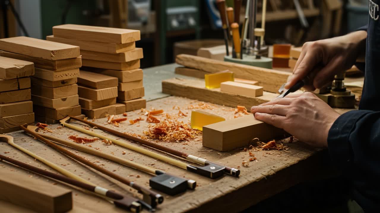 Craftsman Perfecting Wooden Artistry with Hand Tools Amidst a Workspace Filled with Quality Materials and Shavings Showcasing the Art of Woodworking