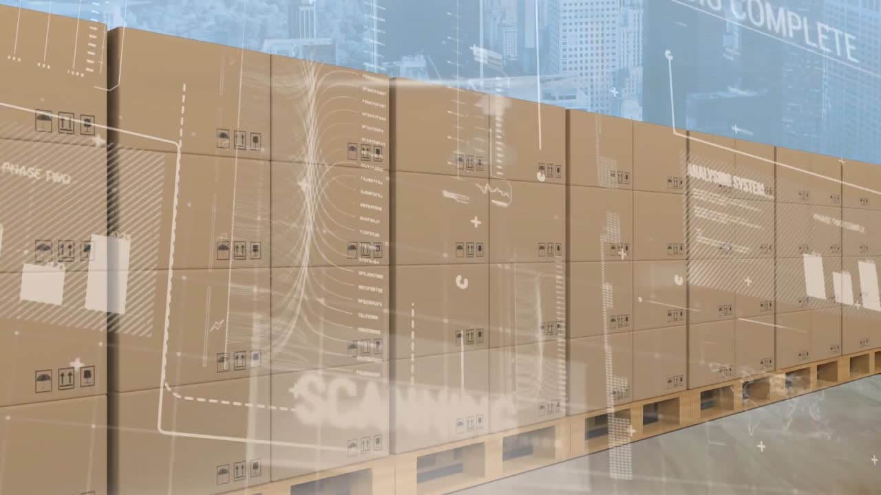 컨베이어 벨트에 있는 카드보드 상자 위에서 통계 처리의 애니메이션