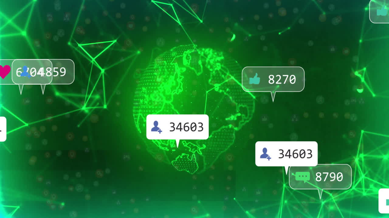 Social media notifications and interactions animation over digital green globe