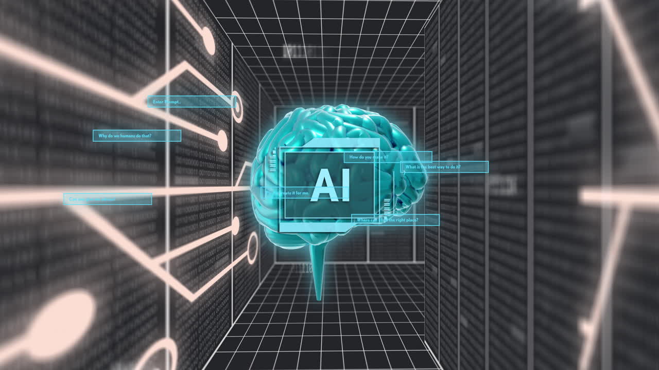 Animation of digital brain spinning with ai text over connections