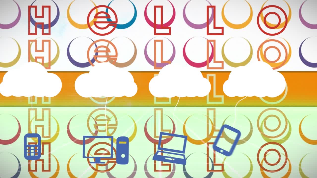 Animation af digitale ikoner, der er forbundet med skyikoner mod et 'hello' tekstbanner og abstrakte former