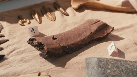 archaeologist placing artifact on fabric with numbered labels for research