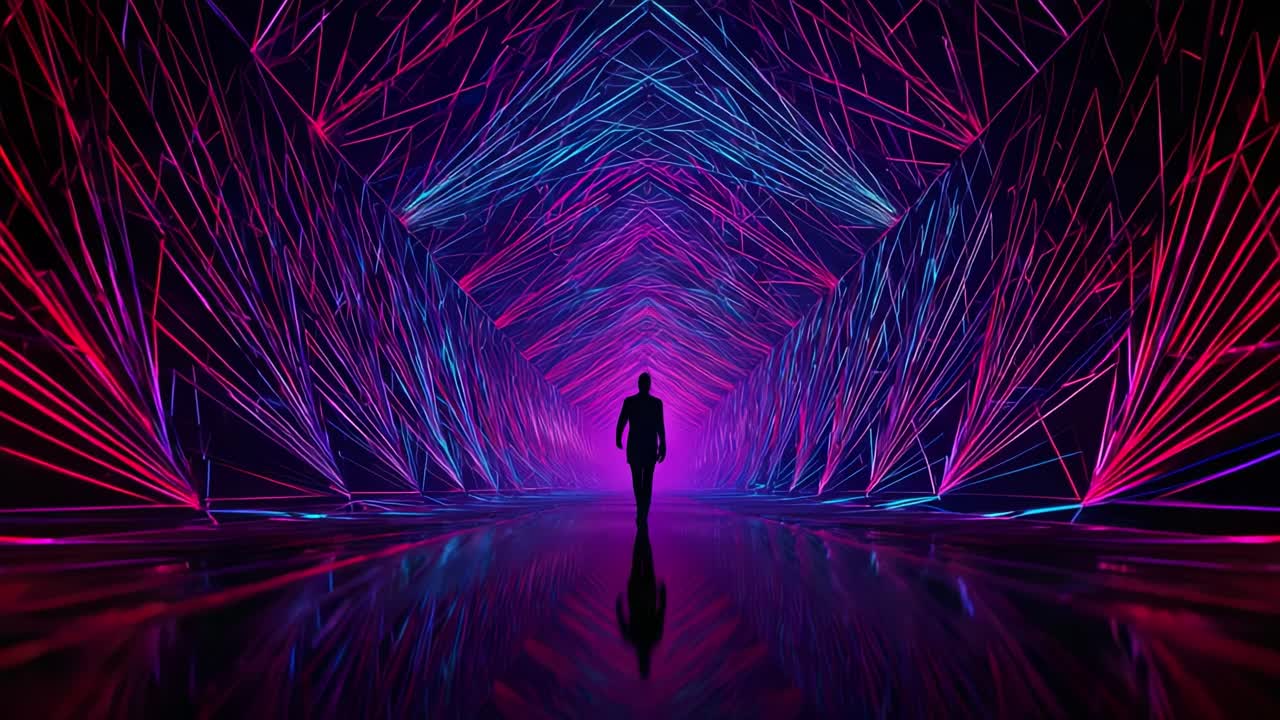 A solitary figure strides through a mesmerizing tunnel of vibrant neon lights, creating a stunning visual experience characterized by dynamic lines and reflective surfaces that evoke depth and intrigue