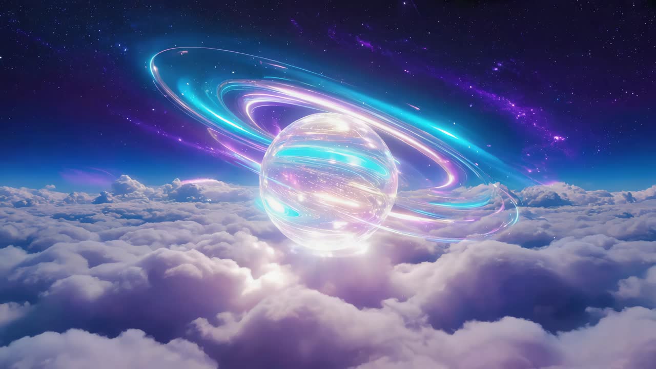 Ethereal Cosmic Orb with Rings Above Clouds