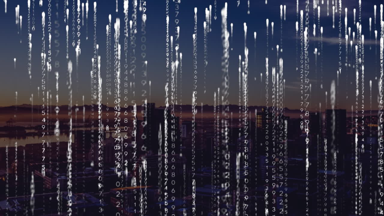 도시 풍경 위의 데이터 처리 애니메이션