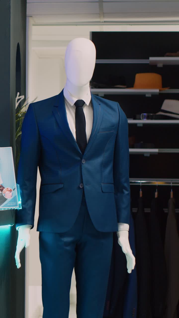 Vídeo vertical: interior de loja de moda com roupas em araras