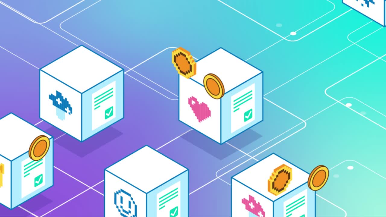 Virtual Blocks NFT CryptoArt Animation. Money Transation. Blockchain Technology. NFT Metaverse Concept. 4K