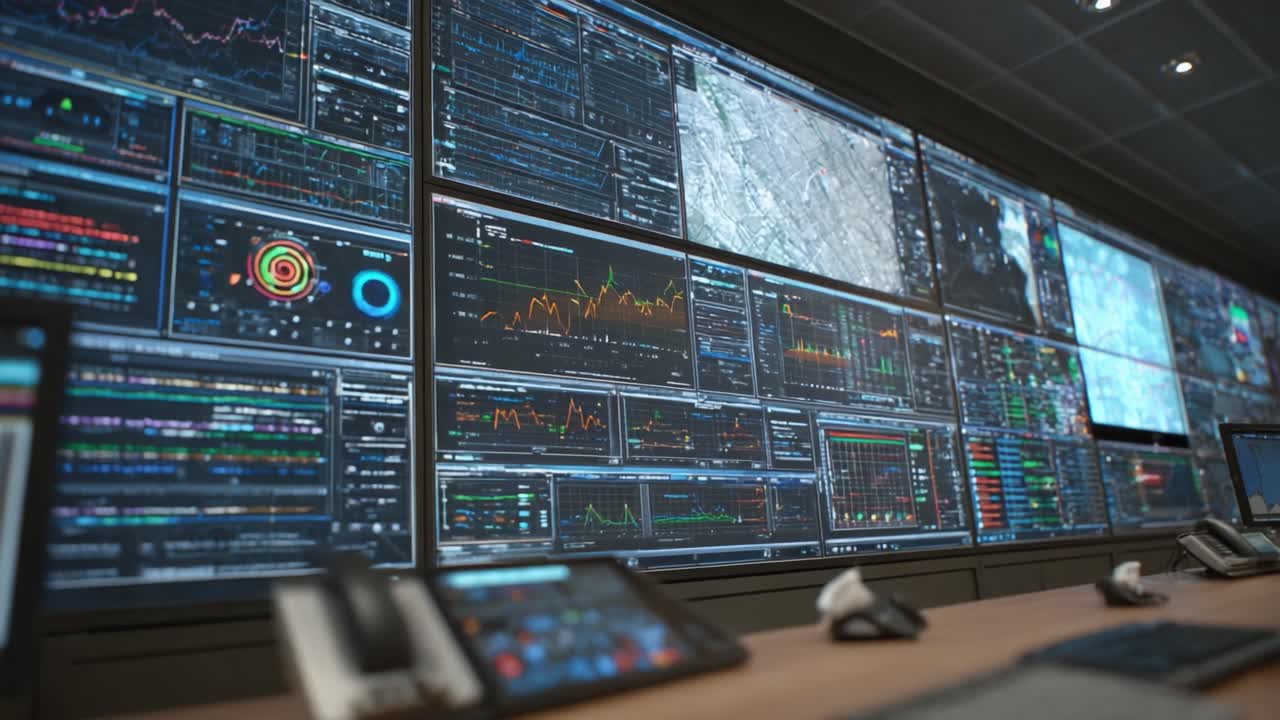 Centro di controllo avanzato per l'analisi dei dati con dashboard multi-schermo che visualizzano approfondimenti e visualizzazioni in tempo reale per processi decisionali critici.