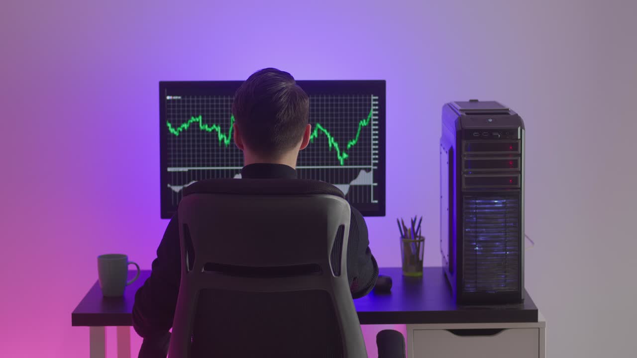 ネオンライトで満たされた夜の部屋で、PCコンピューターで株式市場を取引している男性の後ろ姿
