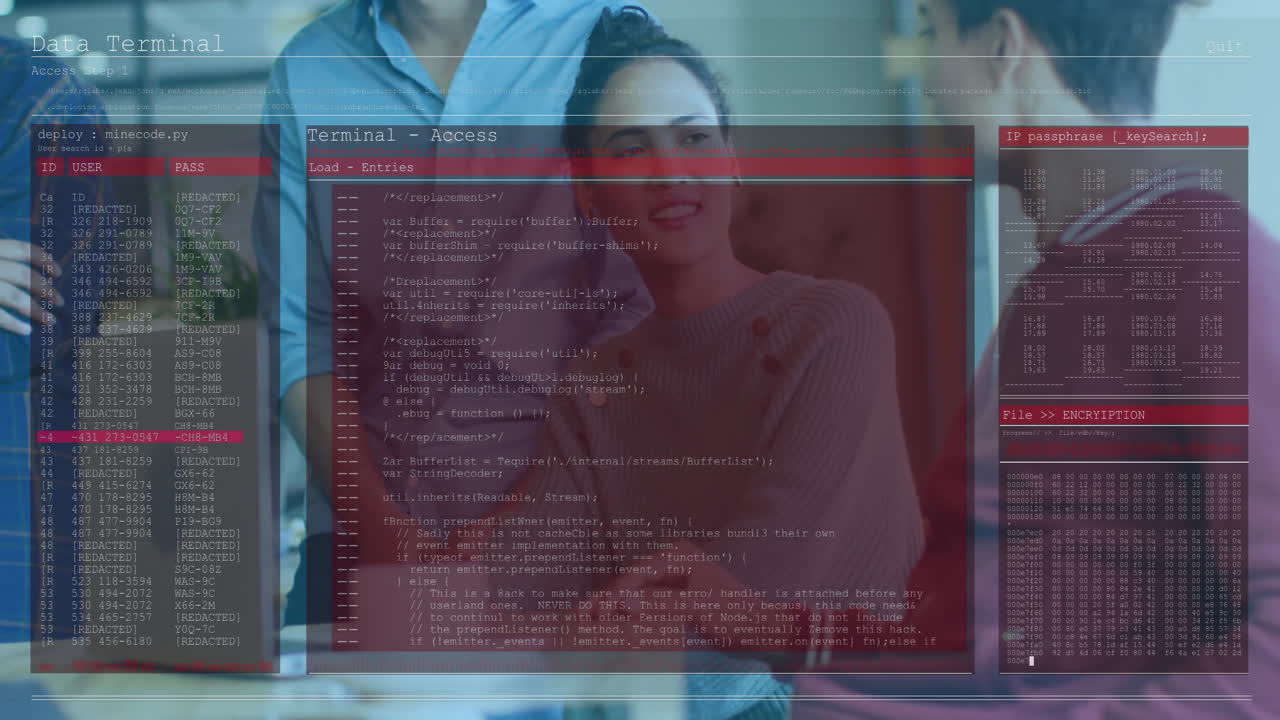 Animation overlaying computer code with diverse people working in modern office