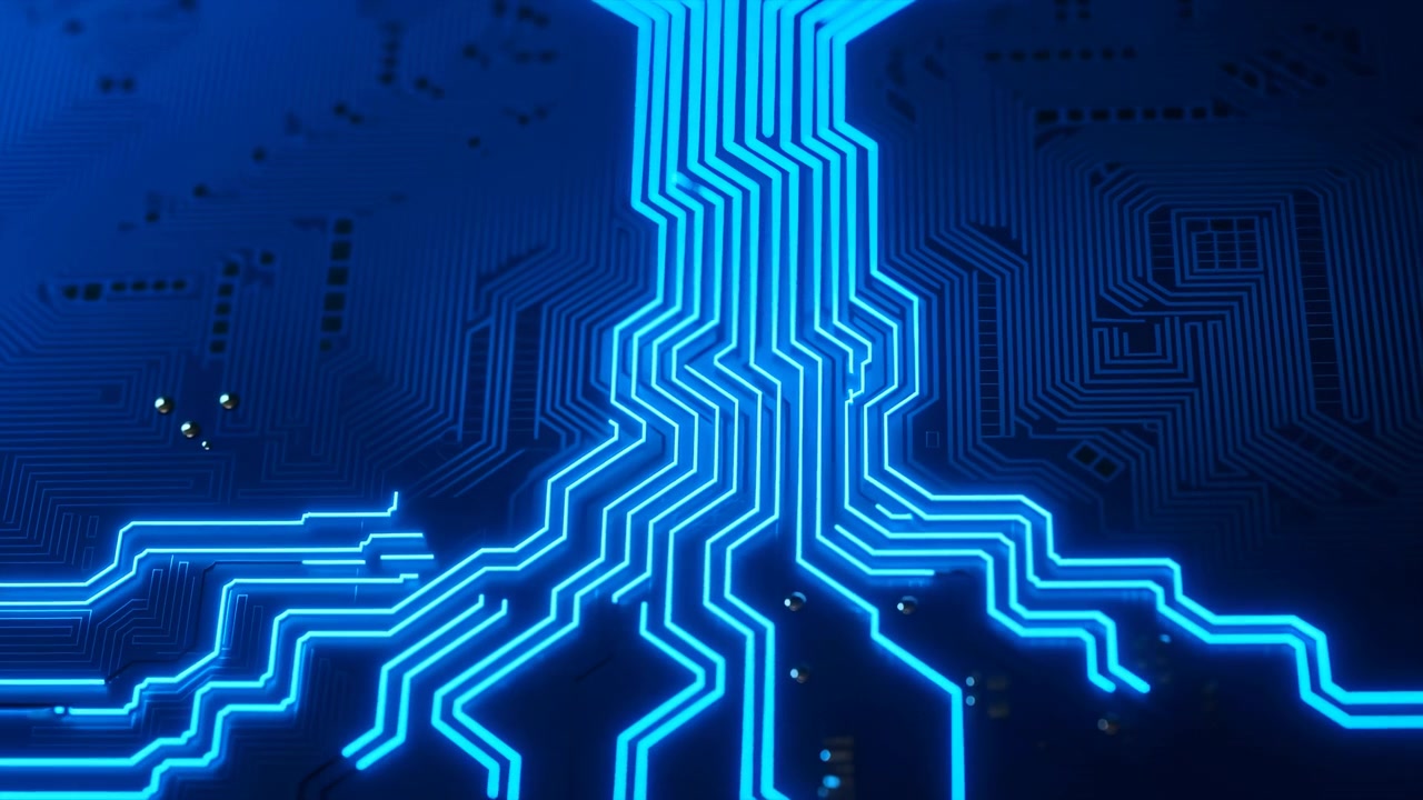 A futuristic circuit board with glowing blue lines is viewed from a top-down perspective against a dark background, showcasing advanced electronic components and technological innovation.