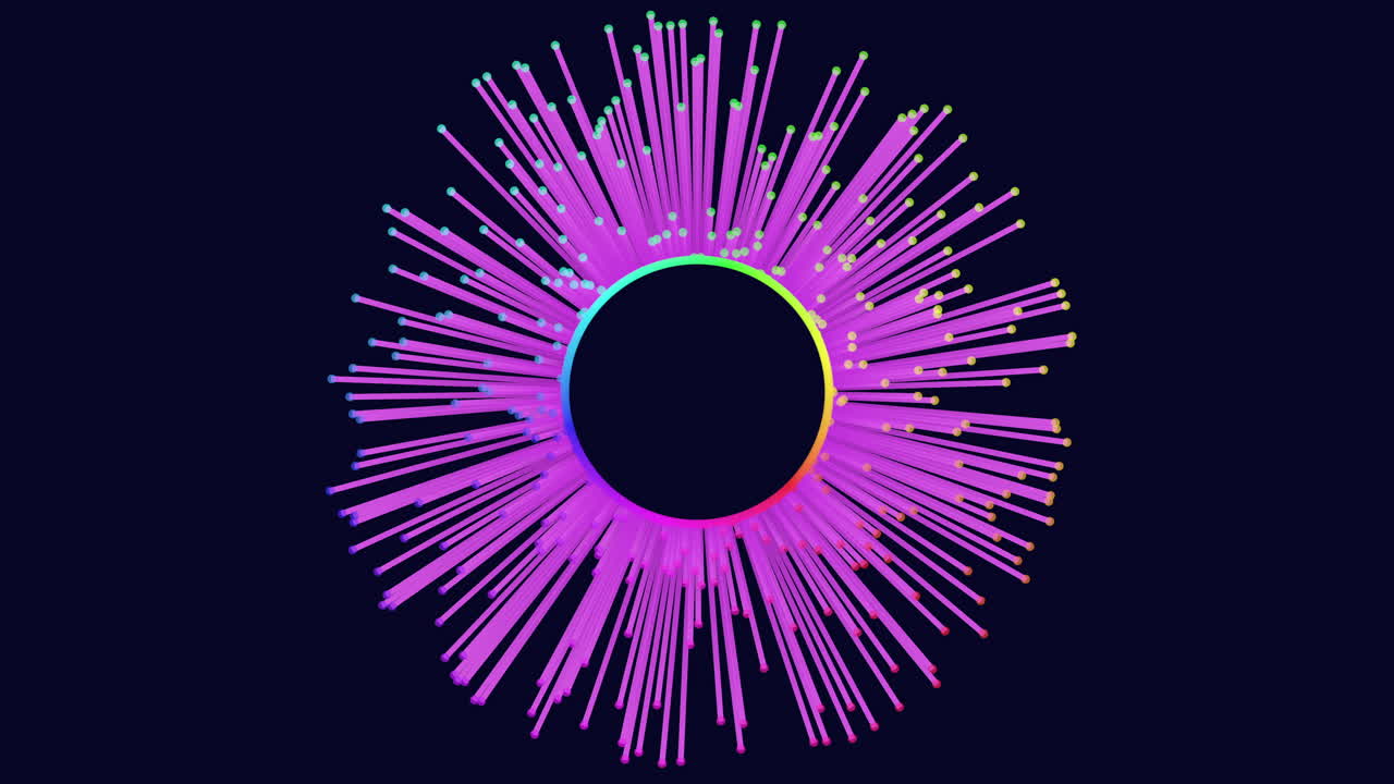 A vibrant purple and pink lightning bolt with circular design at its core, outlined by intricate thin lines against a black backdrop in this striking image