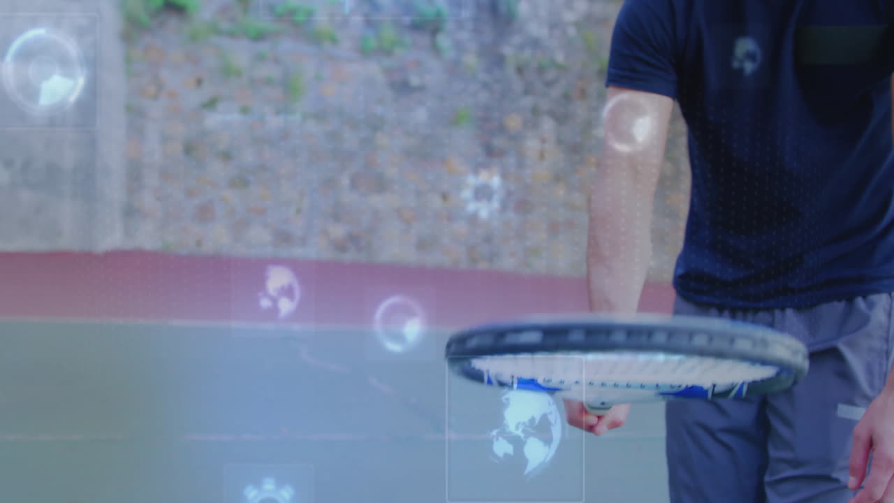 Man analyzing tennis technology data on outdoor court, with floating gears network and globe icons