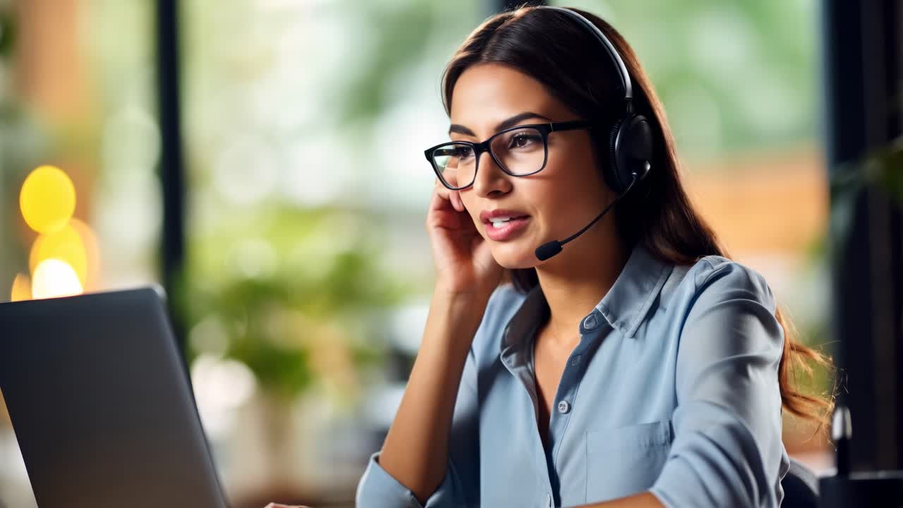 A professional woman in glasses and headset at a laptop, captured in a medium close-up angle