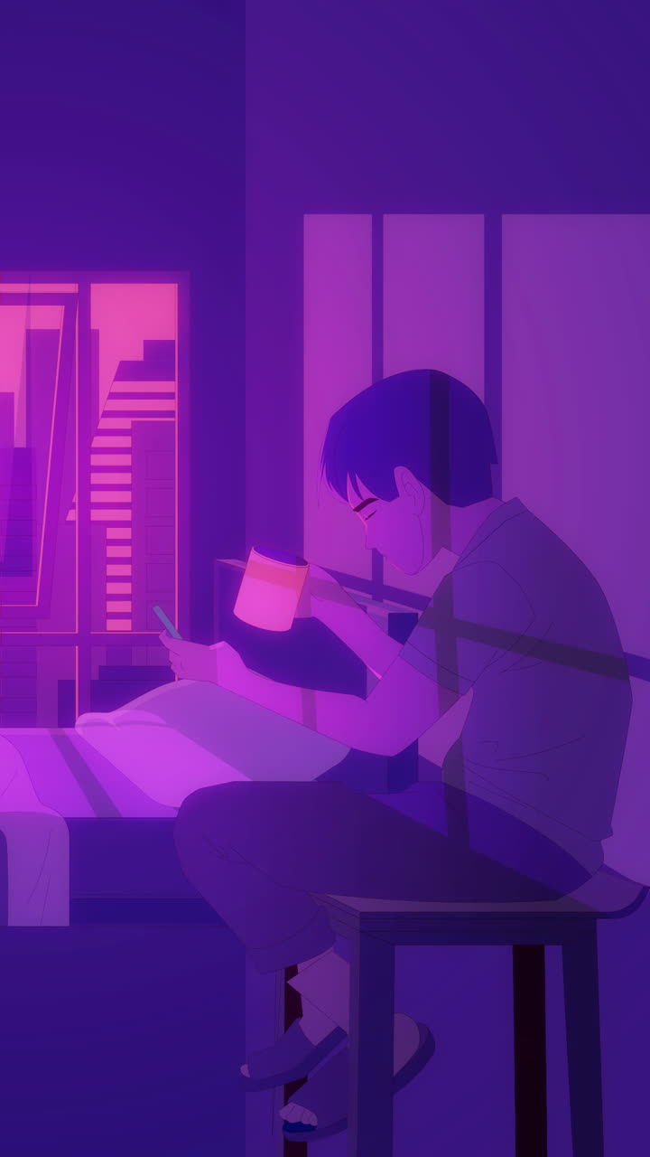 мальчик сидит в спальне по ночам, смотрит на город.