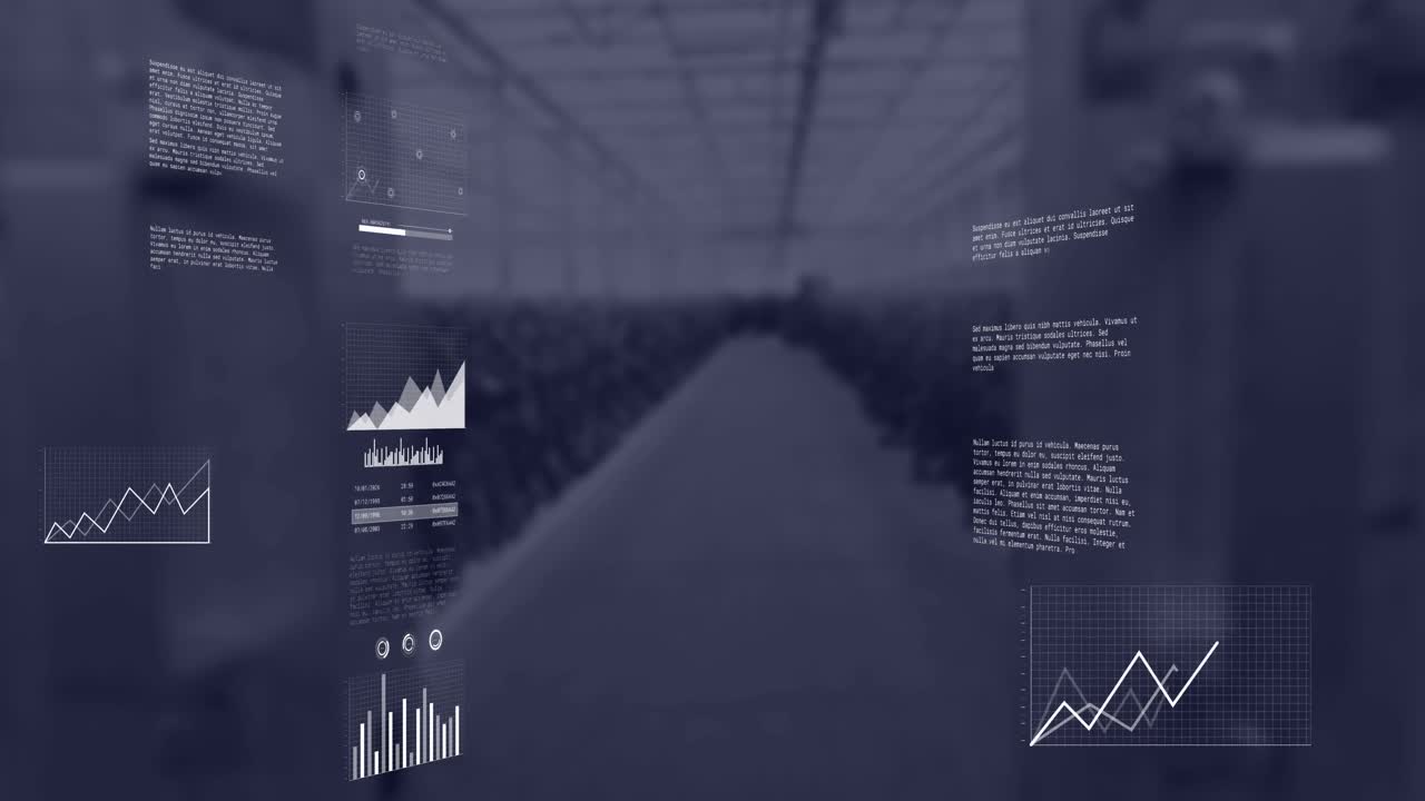 Animation of multiple graphs, map, loading bars with data over warehouse