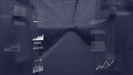 animation of multiple graphs, map, loading bars with data over warehouse
