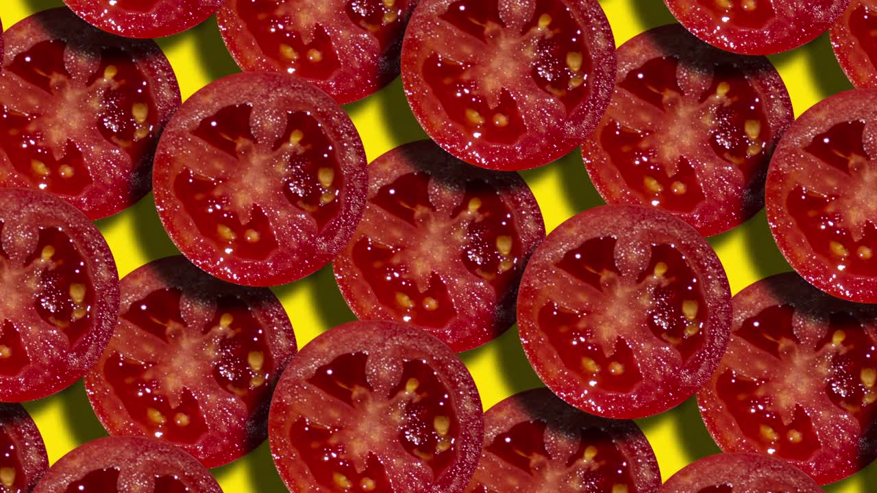 Two layers of tomato slices are arranged in a geometric pattern on a yellow background. A seamless loop motion graphic cuisine theme is animated