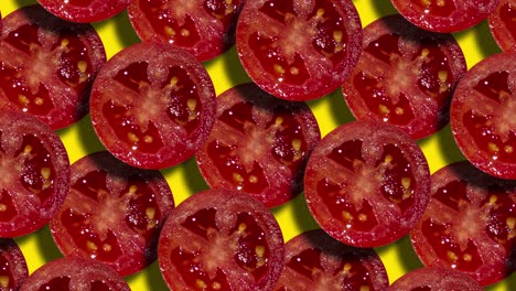 two layers of tomato slices are arranged in a geometric pattern on a yellow background. a seamless loop motion graphic cuisine theme is animated