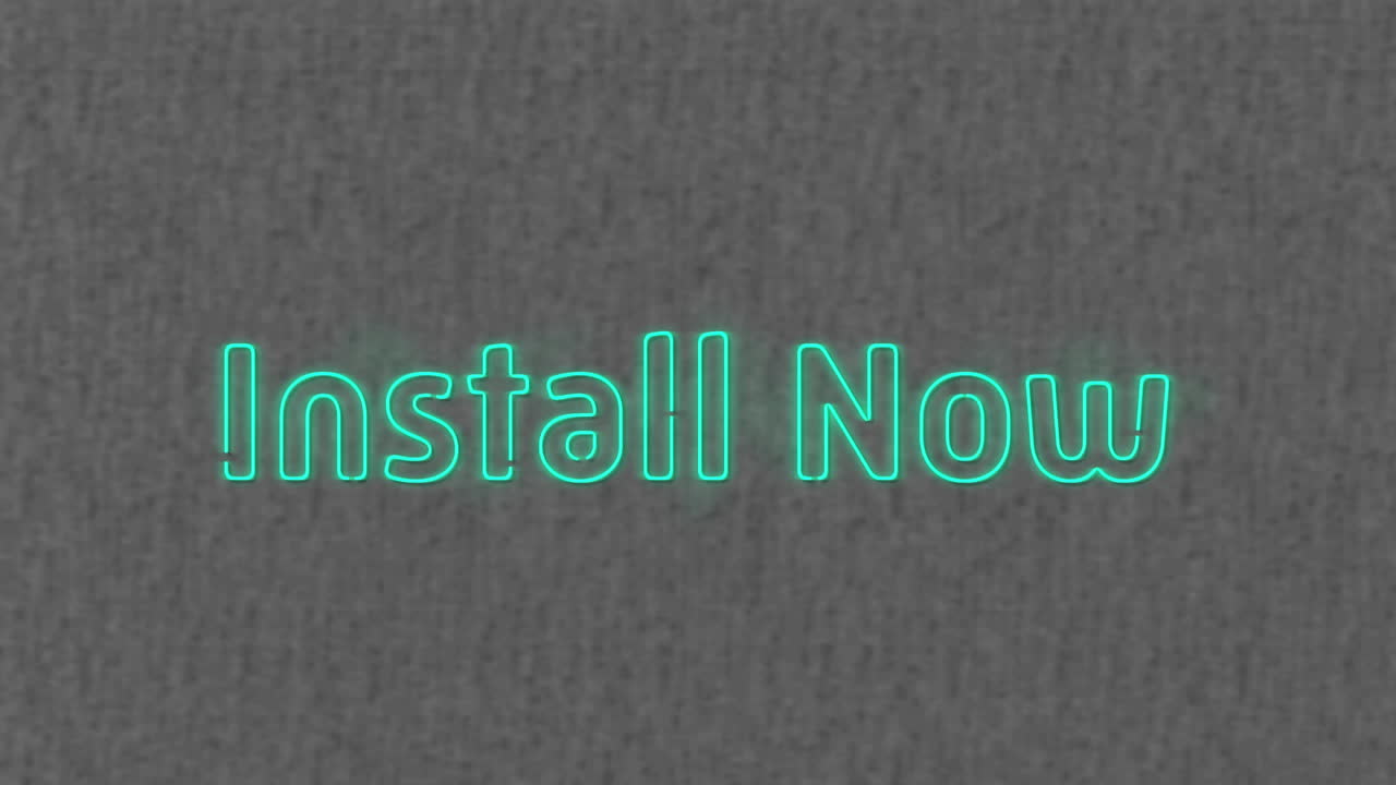 Animation of blue neon text, install now, on grey background