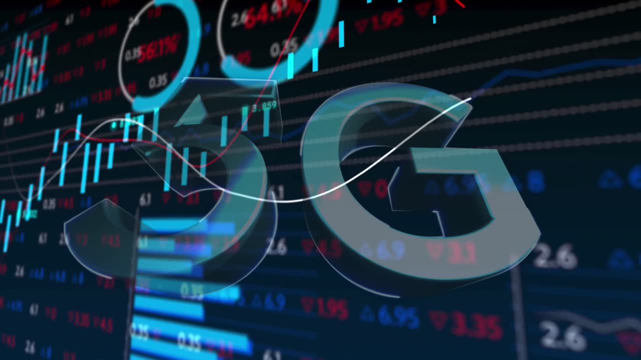 animación de texto 5g con estadísticas y procesamiento de datos financieros