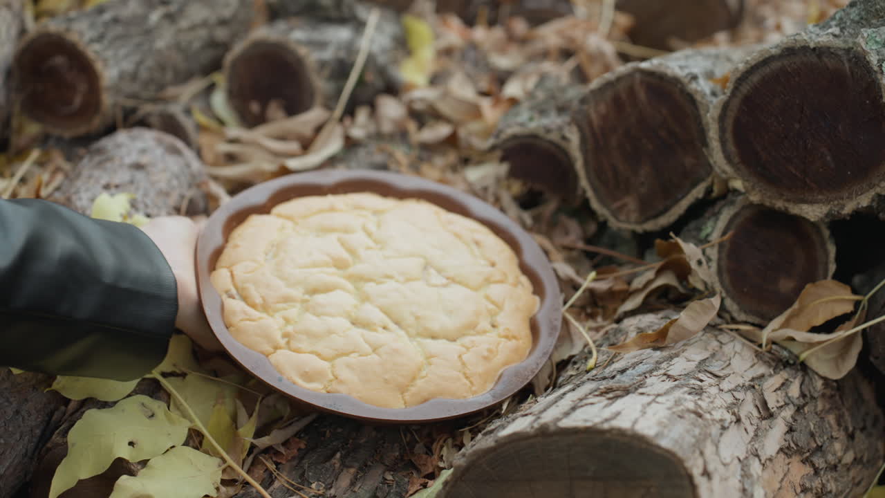 rustic pie held in leather jacket, baker places warm pan on stacked logs amid fallen leaves, golden cracked crust and textured surface visible in close detail, moody forest light and cozy autumn