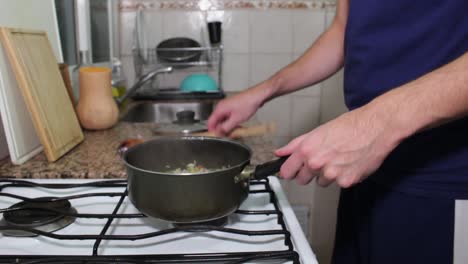 adulto joven cocinando comida vegetariana casera en una cacerola