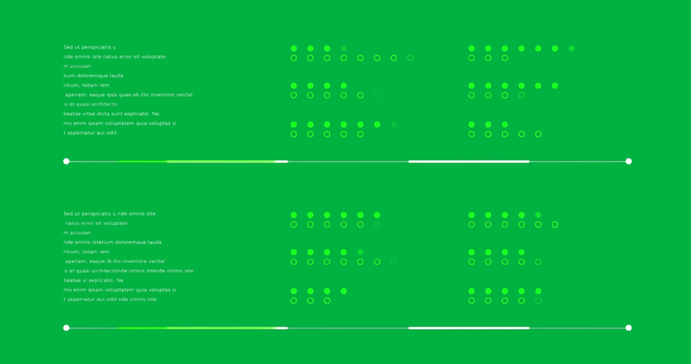 Tech UI showing dual text blocks with green status icons, progress bars on transparent background
