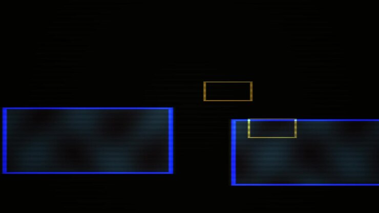 Animazione di forme geometriche astratte con rettangoli blu e gialli luminosi