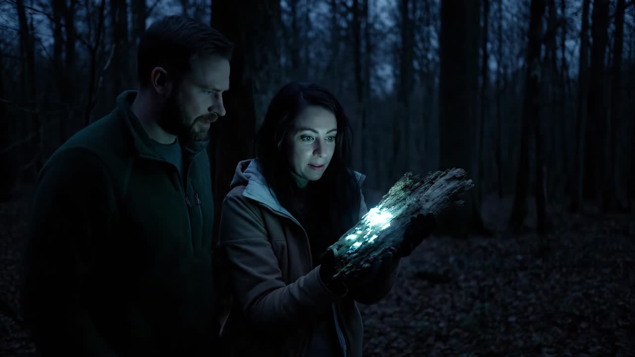 Couple Discovering Glowing Wood in Forest at Night