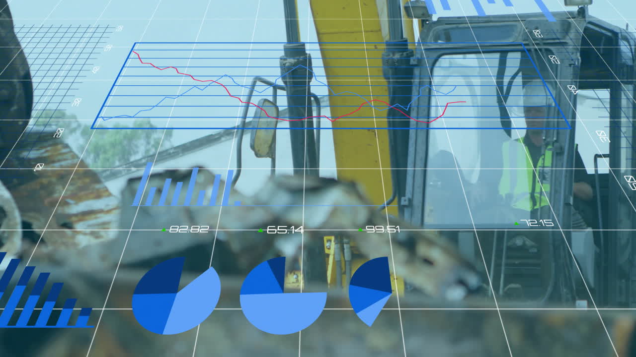 Financial data charts animation over construction worker operating heavy machinery