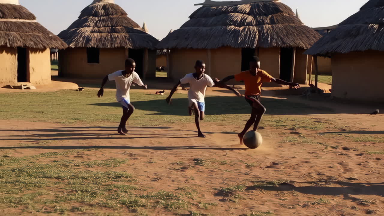 African Children Playing Soccer in Village