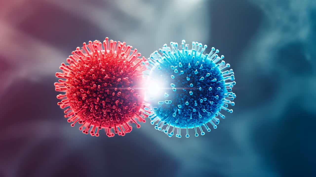 Closing red and blue spiky spheres drawn by central glow in molecule field, contacting and flaring