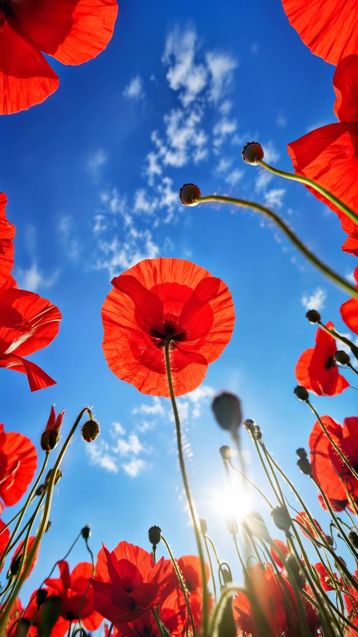Una prospettiva a livello del suolo avanza attraverso un campo di papaveri rossi, avvicinando un grande fiore retroilluminato mentre boccioli e sottili steli verdi incorniciano un cielo vivido e un bagliore solare.