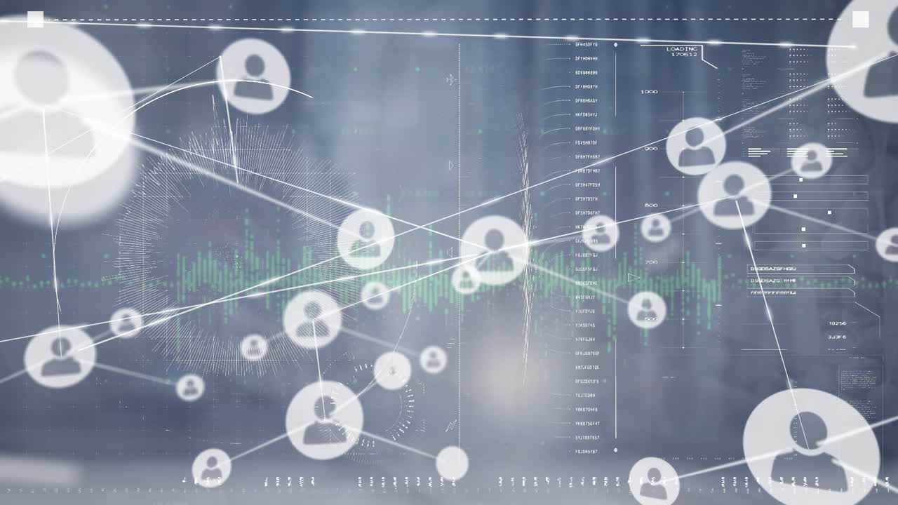 파란색 배경에 대한 데이터 처리 인터페이스를 통해 프로필 아이콘 네트워크의 애니메이션