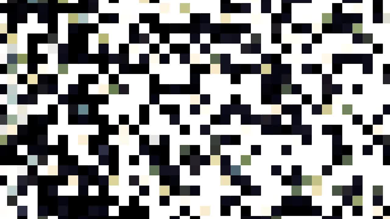Abstract geometric composition with the background of moving pixels, seamless loop. Animation. Monochrome rows of blinking squares