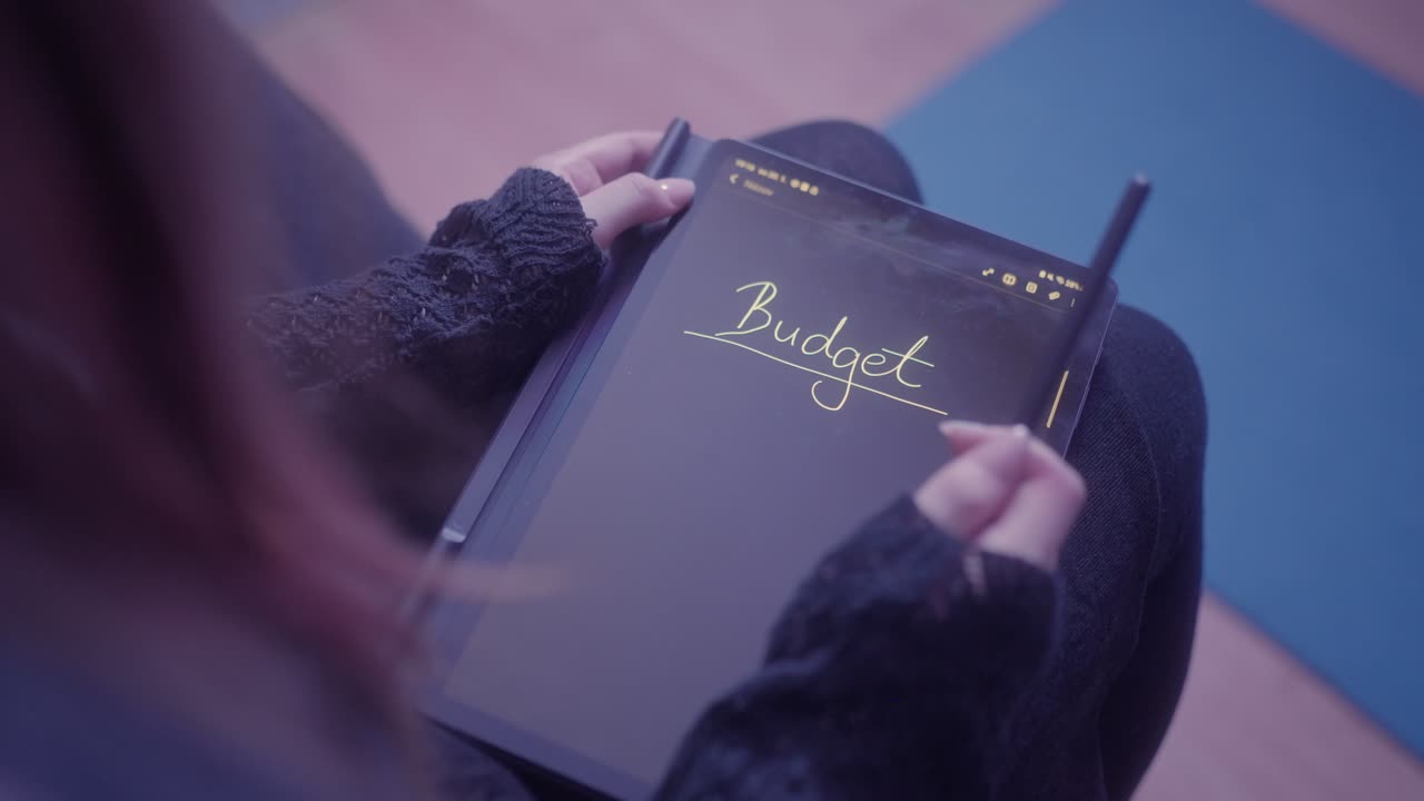 The girl writes the word budget on a tablet